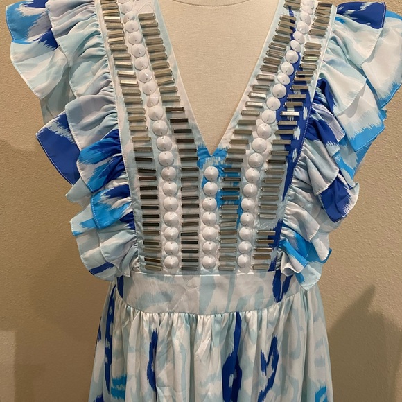 NWT Sheridan French Stacey Maxi Dress Tulip Ikat Beaded Metallic Blue Medium - Picture 4 of 16